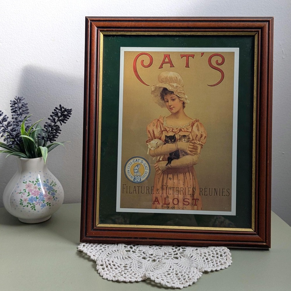 Vintage Cats Advertising Print Framed Belgian Cat Poster Wood Frame Wall Decor